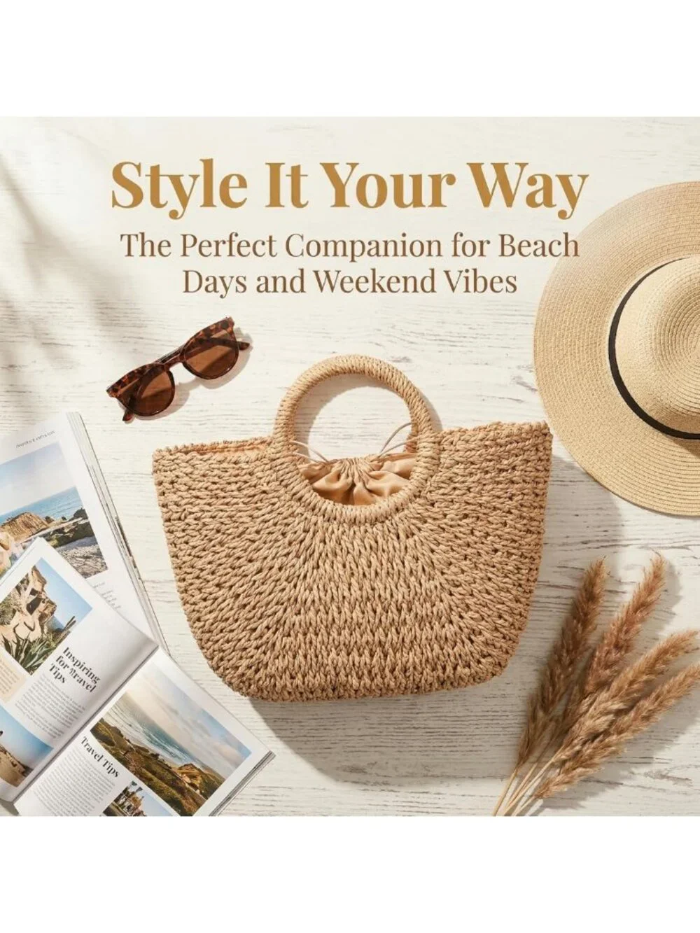 Large Handwoven Straw Beach Bag - Casual Rattan Tote & Clutch for Summer Travel